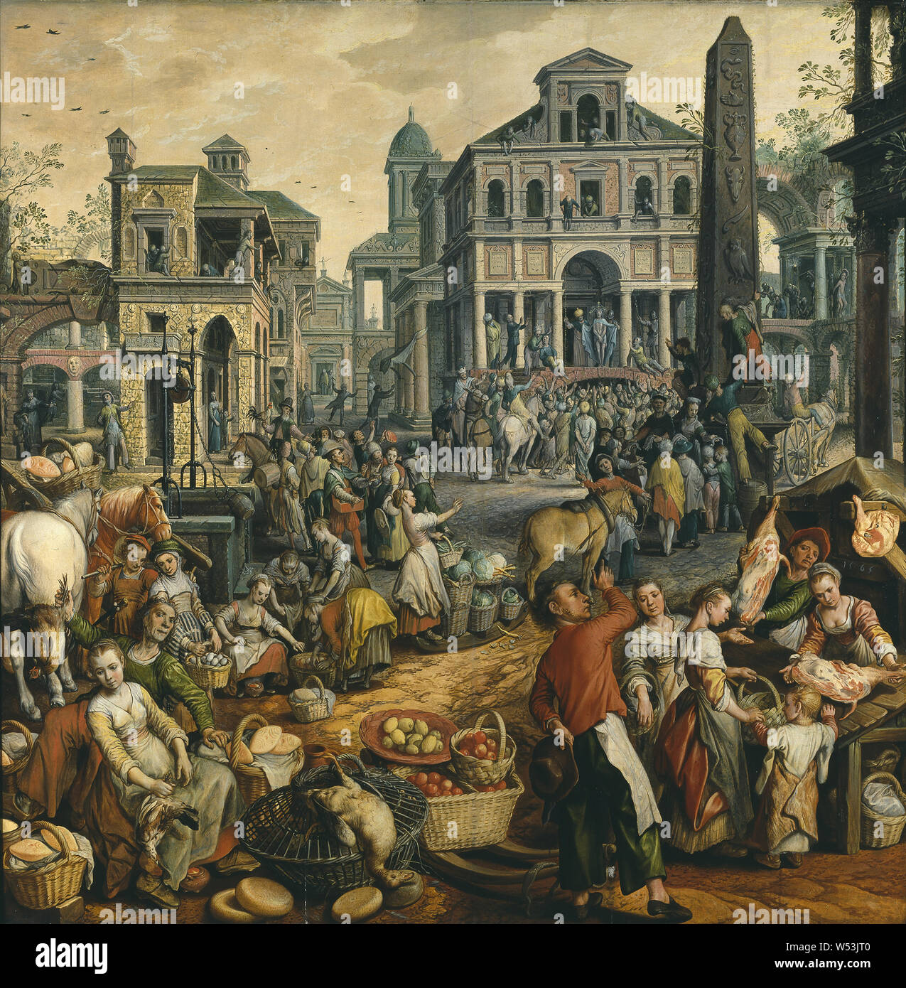 Joachim Beuckelaer, Scena di mercato con Ecce Homo, Torgscen, Ecce Homo, pittura, l'arte religiosa, 1565, olio su pannello, altezza 146 cm (57,4 poll.), larghezza 148 cm (58,2 poll.), firmato, JB 1565 Foto Stock