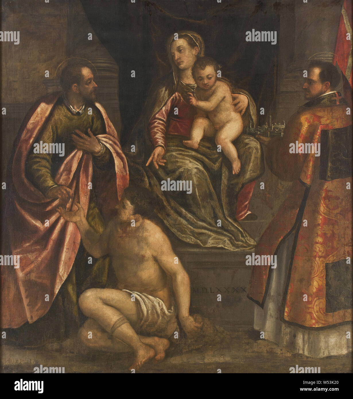 Attribuito a Alessandro Maganza, la Vergine con il Bambino e San Martino e di San Petronio, Madonna con il Bambino e San Martino e di San Petronio, pittura, 1590, olio su tela, altezza 200 cm (78,7 pollici), larghezza 190 cm (74,8 pollici), datata Foto Stock