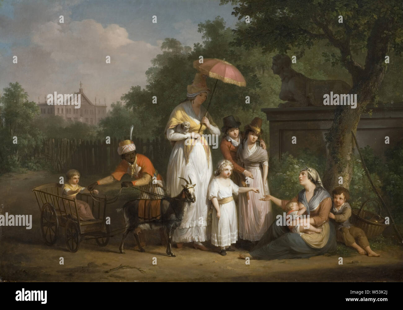 Matteo Ignazio di Bree, una nobile famiglia di distribuire l'Elemosina in un parco, Tedesco, nobile famiglia che Almosen in un parco, Förnäm familie dà elemosina in un parco, pittura, 1793, olio su pannello, altezza 56 cm (22 pollici), Larghezza 84 cm (33 pollici), Signerad, van Bree 1793 Foto Stock