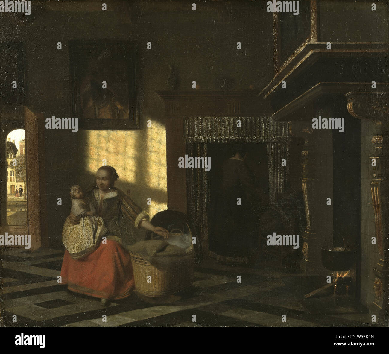 Pieter De Hooch, interno con una madre vicino a una culla, interno con la madre a culla, pittura, genere arte, circa dal 1665, olio su tela, altezza di 54 cm (21,2 poll.), Larghezza 65 cm (25,5 pollici), tracce di firma Foto Stock