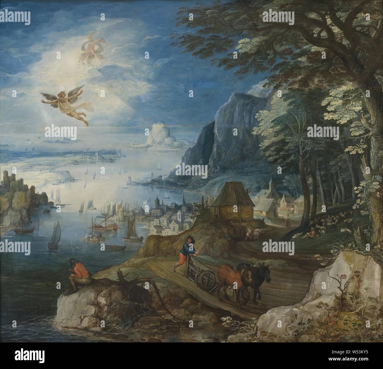 Joos de Momper, paesaggio con la caduta di Icaro, paesaggio con caduta Ikaros, pittura, arte del paesaggio, olio su pannello, altezza 154 cm (60,6 pollici), larghezza 173 cm (68,1 pollici) Foto Stock