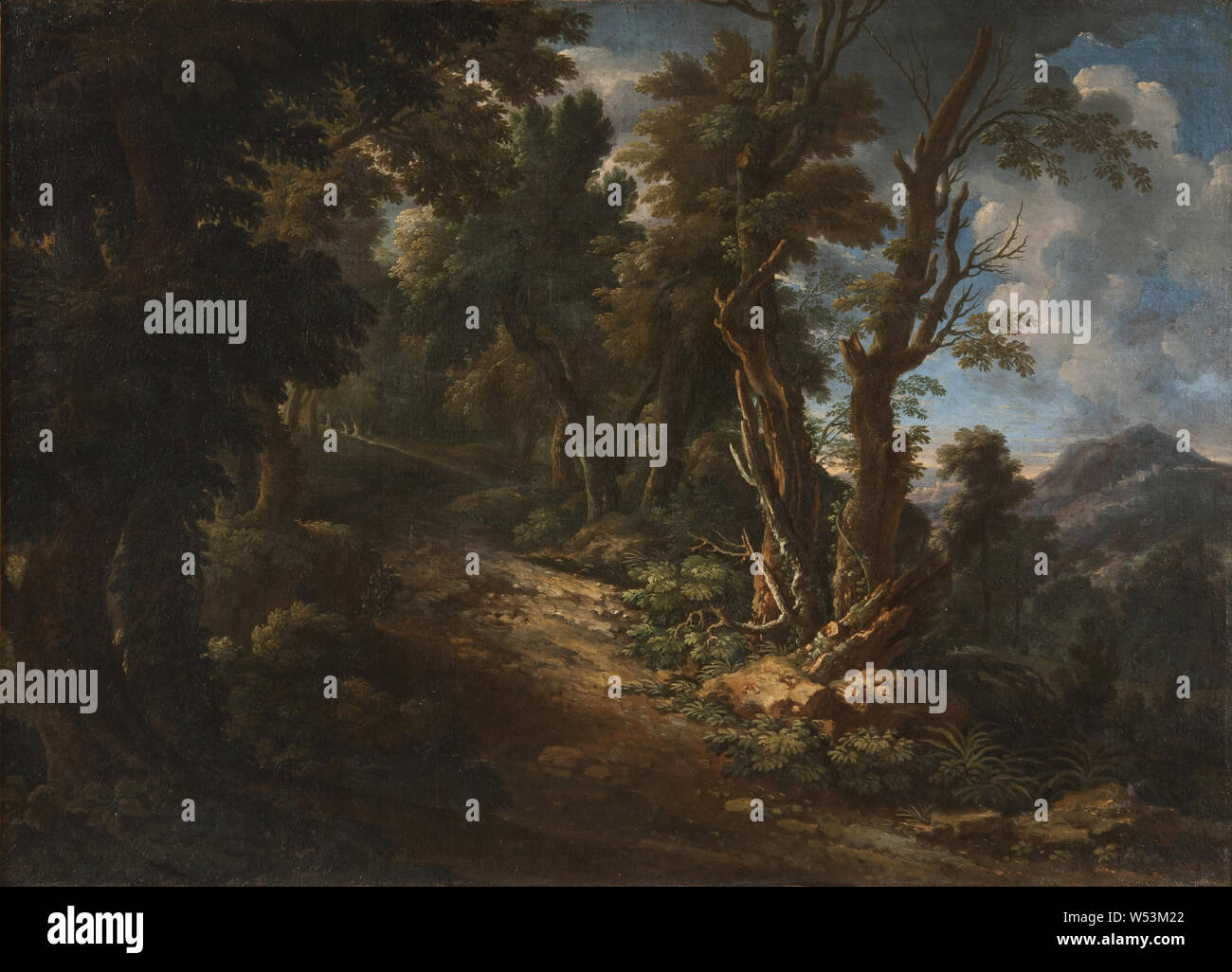 Paesaggio con una strada attraverso, Foresta, Paesaggio, Paesaggio Arte, altezza 94 cm (37 pollici), larghezza 137 cm (53,9 pollici) Foto Stock