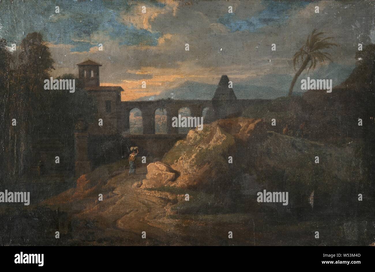 Paesaggio con edifici e acquedotto, pittura, arte del paesaggio, olio su tela, altezza 28 cm (11 pollici), Larghezza 43 cm (16,9 pollici) Foto Stock
