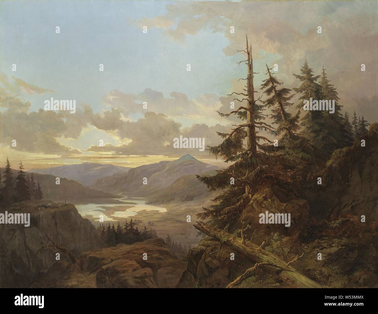 Carlo XV di Svezia, paesaggio norvegese nella luce del mattino, paesaggio norvegese nella luce del mattino, pittura, arte del paesaggio, olio su tela, altezza 116 cm (45,6 pollici), larghezza 151 cm (59,4), pollici), Signerad, C 63 Foto Stock