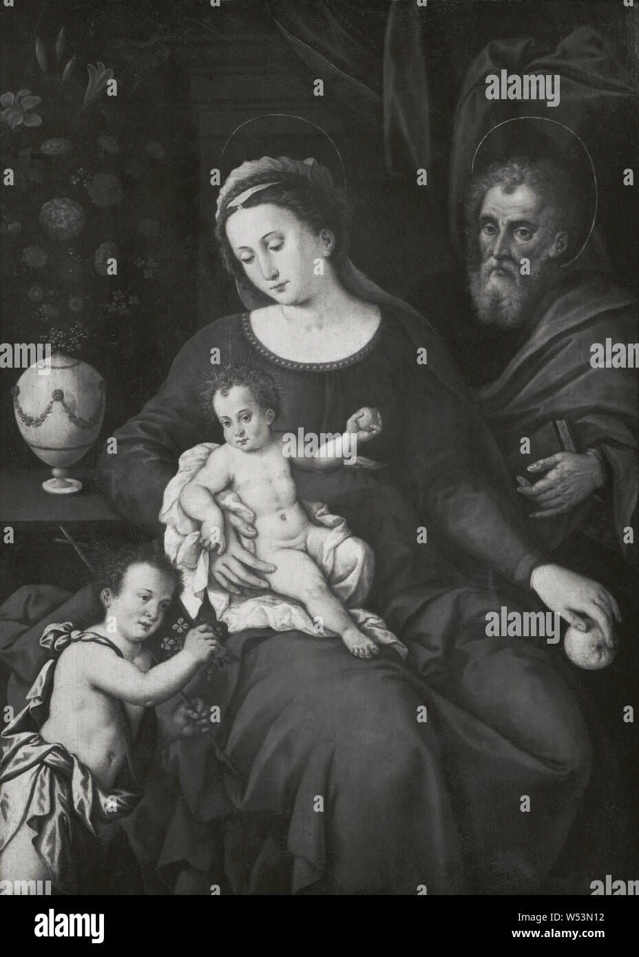 La Santa Famiglia con il Bambino di San Giovanni, la Santa Famiglia con John's Child, pittura, l'arte religiosa, 1526, olio su pannello, altezza 109 cm (42,9 pollici), Larghezza 77 cm (30,3 pollici), firmati (falso) BvOrley 1526 Foto Stock