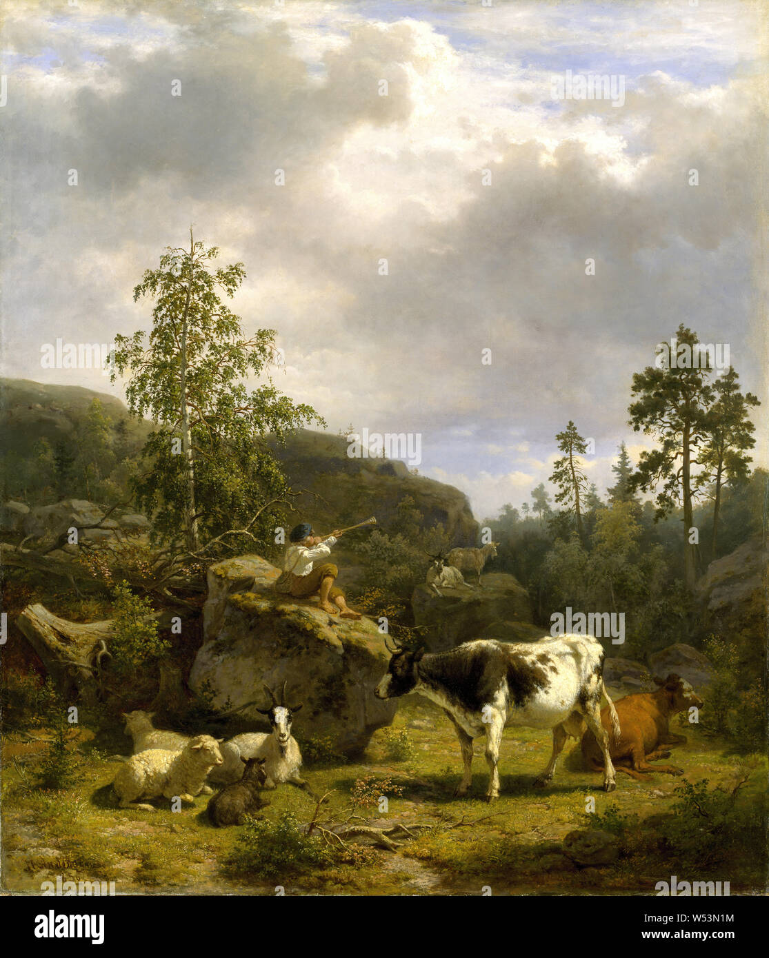 Nils Andersson, paesaggio forestale con un pastorello e bovini, foresta paesaggio con la pasticceria e il bestiame, pittura, arte del paesaggio, 1856, olio su tela, altezza 110 cm (43,3 pollici), Larghezza 94 cm (37 pollici), firmato, N. Anderson 1856 (nv angolo) Foto Stock