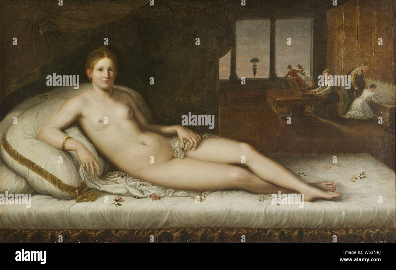 Dopo Lambert Sustris, Venere reclinabili, paesaggio Venere, olio su tela, altezza 119 cm (46,8 pollici), larghezza 190 cm (74,8 pollici) Foto Stock