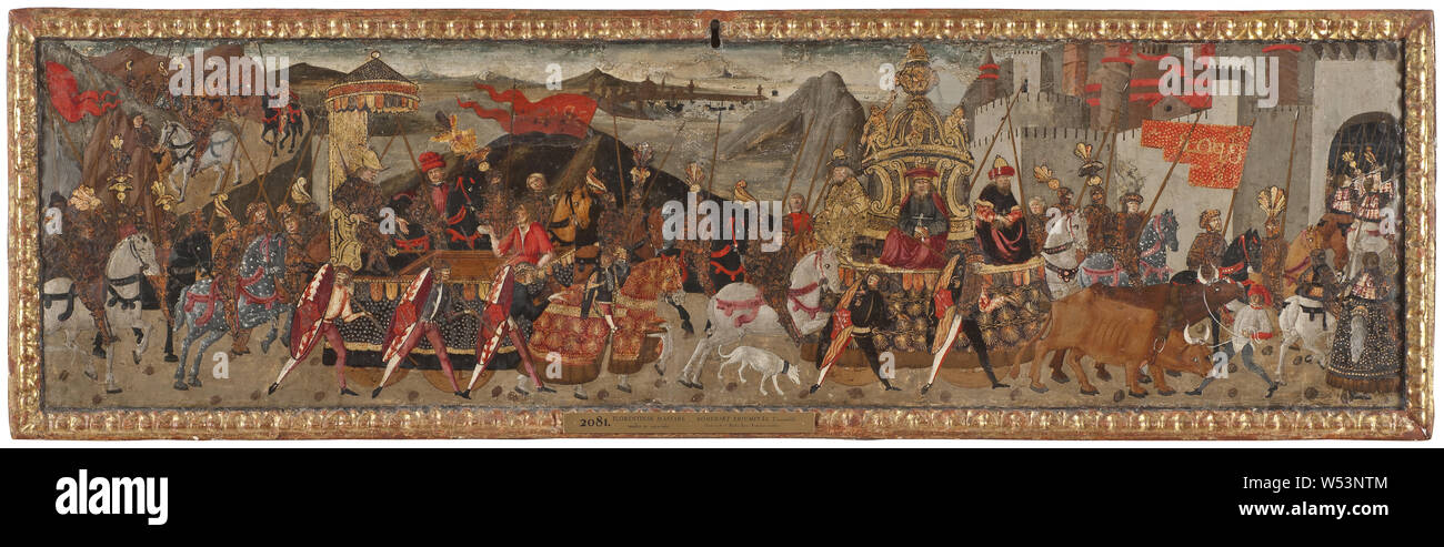 Maestro di Marradi, un trionfo romano, trionfali romani, pittura, olio su pannello, altezza 48 cm (18,8 pollici), larghezza 157 cm (61,8 pollici) Foto Stock