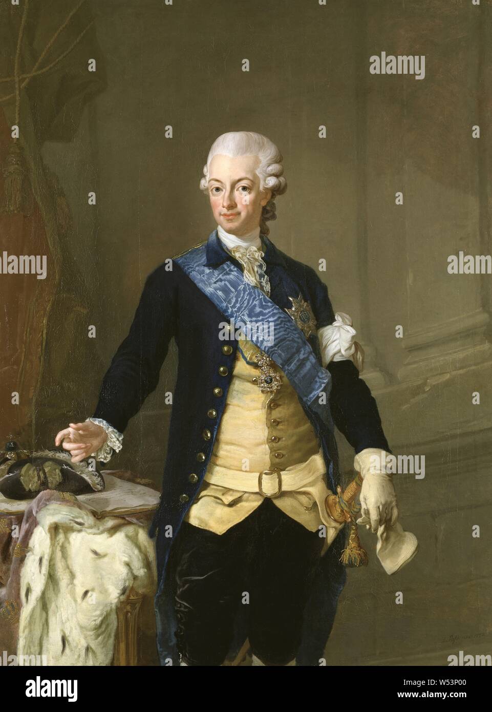 Lorens Pasch il giovane, il re Gustav III, Re Gustavo III di Svezia, Gustav III, pittura, ritratto, Gustavo III di Svezia, 1777, olio su tela, altezza 155 cm (61 pollici), larghezza 114 cm (44,8 pollici), firmato, L. Pasch pinx, 1777. Foto Stock