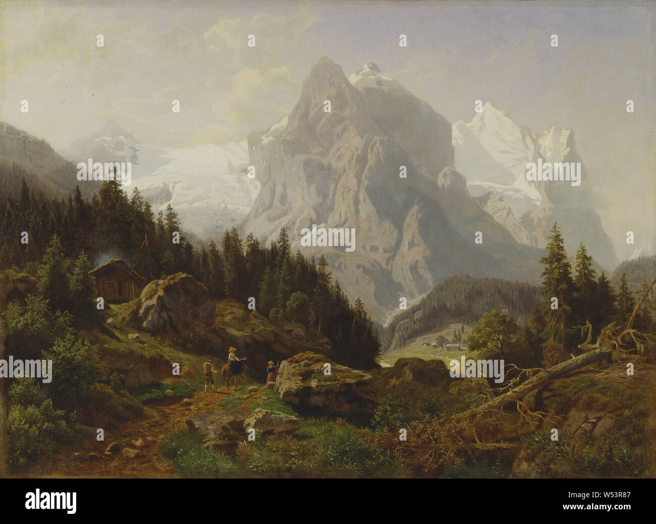Nils Bjørnsen Moller, turisti in montagna, il paesaggio di montagna con i turisti, pittura, 1864, olio su tela, altezza di 58 cm (22,8 pollici), larghezza di 79 cm (31,1 pollici), firmato, N.B, Möller 1864 Foto Stock