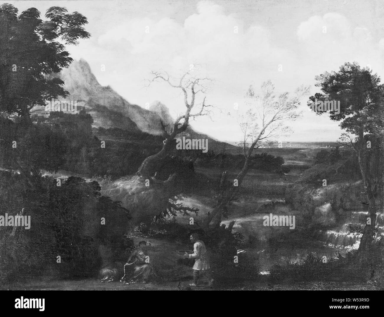 Paesaggio con la Fuga in Egitto, il paesaggio con la fuga in Egitto, pittura, arte del paesaggio, olio su tela, altezza di 73 cm (28,7 pollici), Larghezza 99 cm (38,9 pollici) Foto Stock