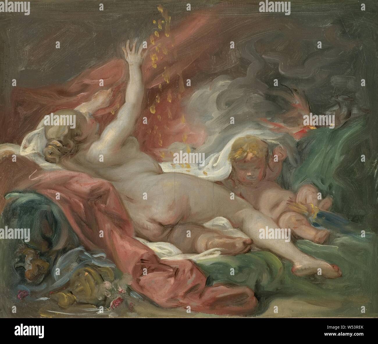 François Boucher, Danae e la doccia di oro, studio, Danaë e l'oro bill, schizzo, pittura, verniciatura mitologico, olio su tela, altezza 29 cm (11,4 pollici), Larghezza 35 cm (13,7 pollici) Foto Stock