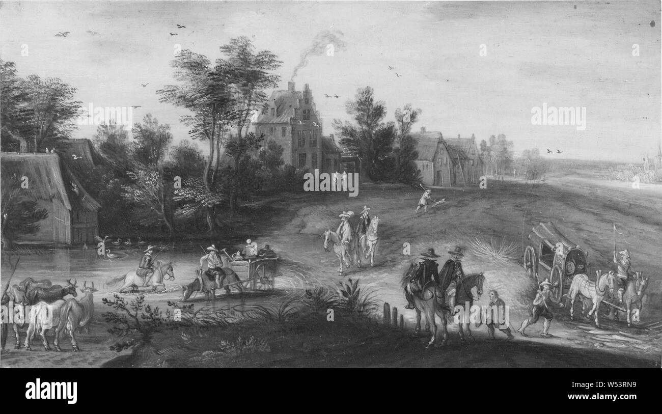 Dopo Jan Brueghel il sambuco, rurale scena inglese, paesaggio con una strada di campagna e un Watering-Place, rurale scena, pittura, olio su rame, altezza 10 cm (3,9 pollici), Larghezza 19 cm (7,4 pollici), firmato, JS' di ghiaccio o 'say' Foto Stock