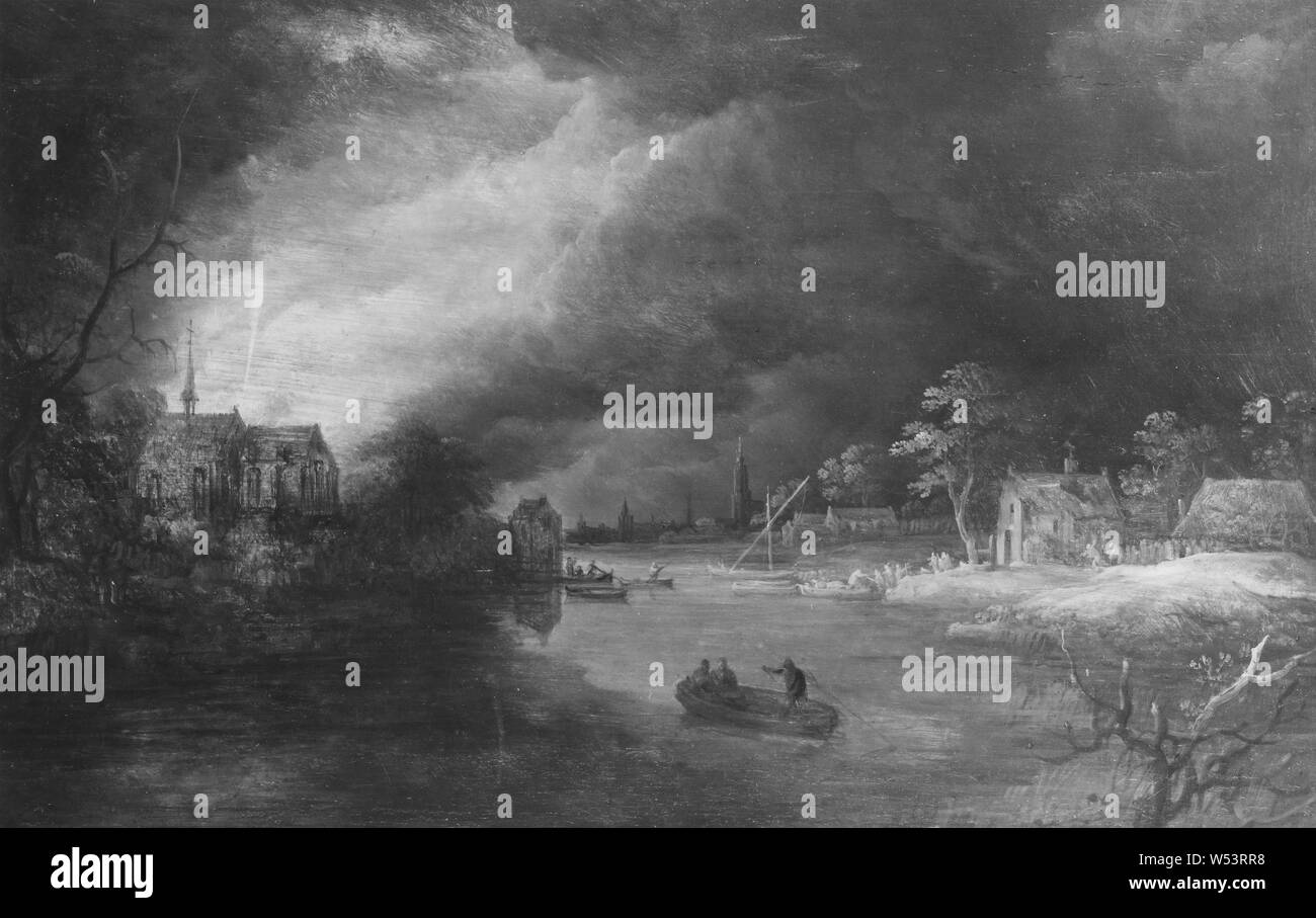 Frans de Momper, paesaggio con un fuoco, paesaggio svedese con il fuoco, pittura, arte del paesaggio, olio su pannello, altezza 40,89 cm, larghezza 62,5 cm (24,6 pollici) Foto Stock