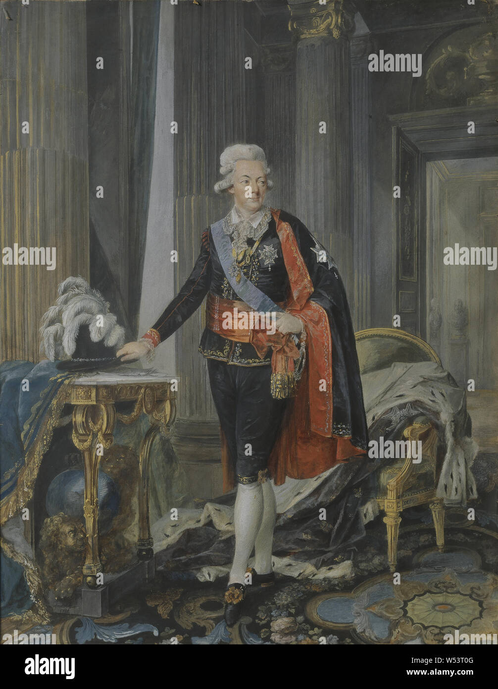 Niclas Lafrensen, il re Gustav III, Re Gustavo III di Svezia, Gustav III, pittura, ritratto, Gustavo III di Svezia, 1792, tempera su carta applicata su cartone, altezza di 40 cm (15,7 pollici), Larghezza 32 cm (12,5 pollici), firmati Lafrensen 1792 Foto Stock