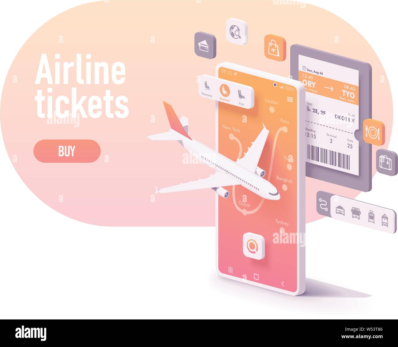 Vector prenotazione biglietti aerei app concept Illustrazione Vettoriale