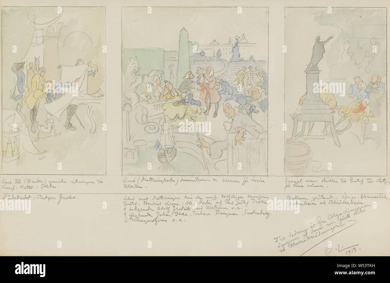 Carl Larsson, proposta per la prima volta la decorazione delle pareti della sala inferiore del Museo Nazionale, Stoccolma, prima proposta di affreschi in NM inferiore della rampa di scale, pittura, 1913, Watercolored disegno a matita, altezza 32,5 cm (12,7, pollici), Larghezza 49 cm (19,2 pollici), firmato, CL, 1913th Foto Stock