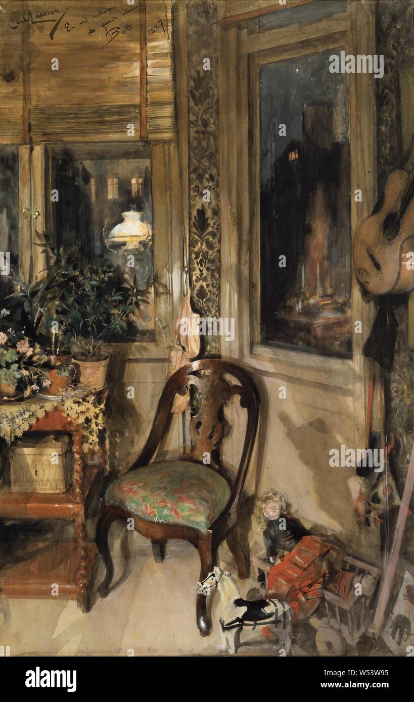 Carl Larsson, giocattoli nell'angolo, angolo con giocattoli, pittura acquerello su carta, altezza 91 cm (35,8 pollici), larghezza di 58 cm (22,8 pollici), iscrizione, un angolo, casa di vecchio amico Bob 1887 firmato Foto Stock