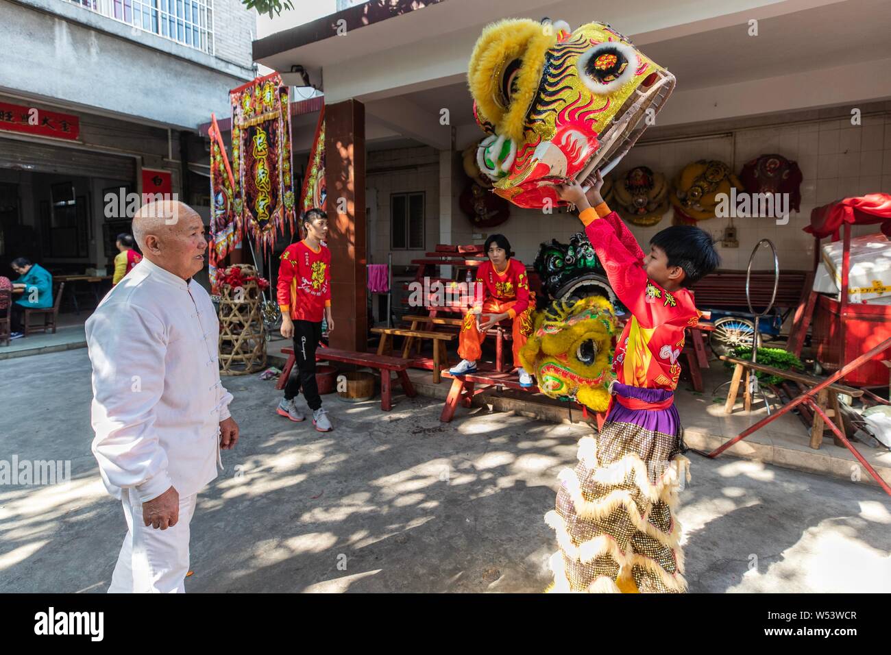 Gli apprendisti di Pang Zhaosheng pratica del Kung Fu forme di danza del Leone master training center di Foshan City, a sud della Cina di provincia di Guangdong, 24 J Foto Stock