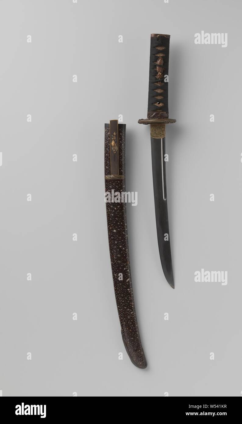 La spada, la spada corta con una guaina laccato con stelle bianche. Openworked tsuba nella forma di un drago, due menuki in forma di calamari, kozuka e fuchi con pesce decorazione., anonimo, Giappone, 1600 - 1900, Acciaio (lega), ferro (metallo), lacca (rivestimento), l 29 cm Foto Stock