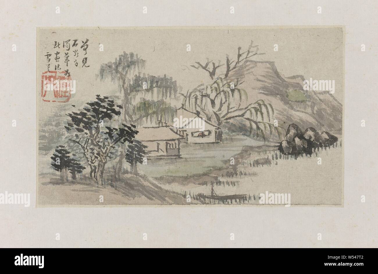 Paesaggio, album leaf con un paesaggio. Firmato da Cheng uomini, noto come un pittore di porcellana in Jingdezhen. Cheng, uomini, Shexian, 1850 - 1900, inchiostro e carta, h 24 cm × W 20 cm Foto Stock