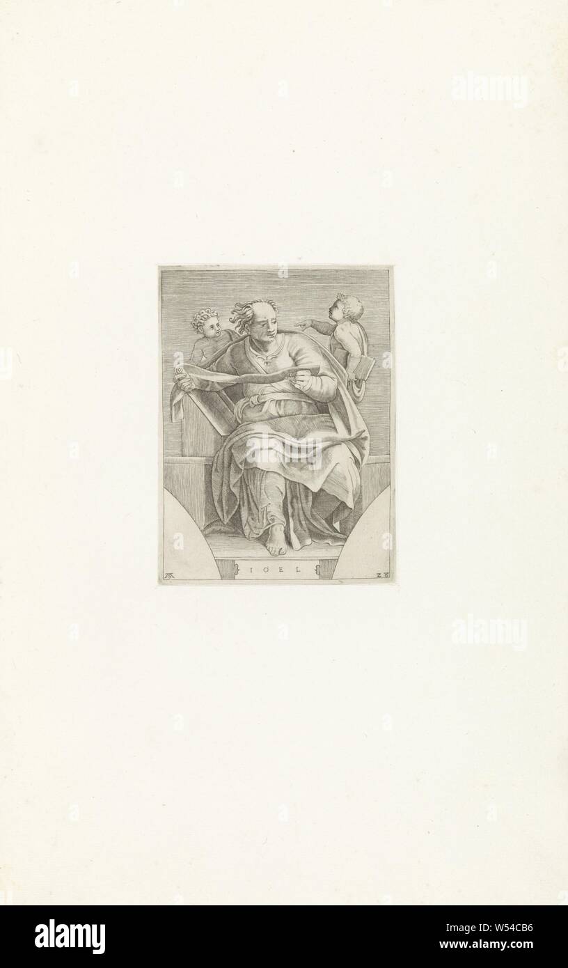 Profeta Gioele Ioel (titolo in oggetto) dipinti della Cappella Sistina (titolo serie), il profeta Gioele seduta con una rotellina di scorrimento. Dietro di lui due piccole figure, uno con un libro sotto il braccio. Uno dei profeti di Michelangelo per il soffitto dipinto. Titolo nel margine inferiore e numerate in basso a destra: 28. La stampa è parte di un album, maschio persone dal Vecchio Testamento (con il nome) (non in un contesto biblico), Adamo Scultori (menzionato in oggetto), c. 1585, carta, incisione h 146 mm × W 108 mm Foto Stock