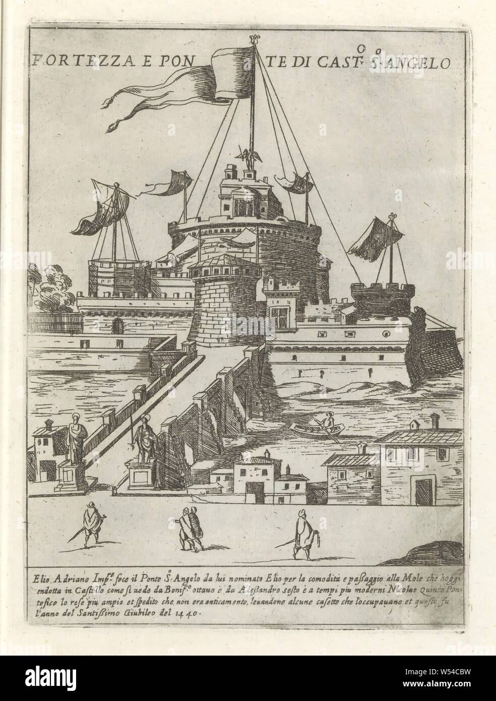 Angelo il castello e il Ponte di Angelo Fortezza e ponte di Cast.o in modo Angelo (titolo in oggetto) moderni e antichi monumenti ed edifici in Roma (titolo serie) Ornamenti di fabriche di antichi et moderni dell 'alma citta di Roma (titolo serie), vista di Castel Sant'Angelo e l'angelo ponte che attraversa il fiume Tevere a Roma. Testo in lingua italiana nel margine inferiore. La stampa è parte di un album, fortezza, bridge, Angelo Bridge, Angelo, Tevere a Roma, Giovanni Maggi, 1576 - 1618 e/o 1600, la carta, attacco, h 215 mm × W 152 mm Foto Stock