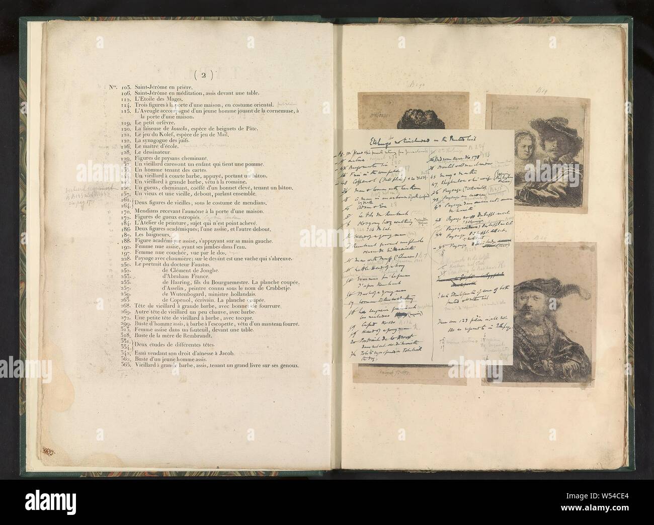 Tabella dei contenuti, pagina 2 Tabella di quatre-Vingt-cinq estampes originales, par Rembrandt (titolo in oggetto) Recueil Le quatre-Vingt-cinq estampes originales (titolo serie), la rivista è parte di un album., Henry Louis Basan (menzionato in oggetto), Parigi, 1807 - 1808, carta, tipografia, h 445 mm × W 295 mm Foto Stock