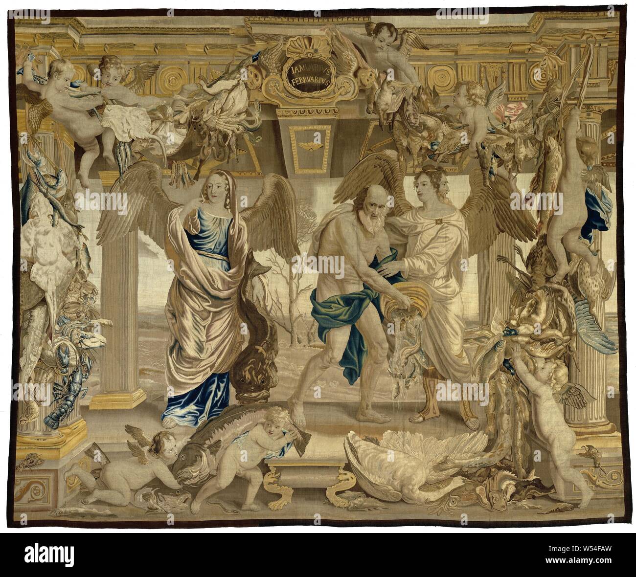 Gennaio e Febbraio i mesi, stagioni, elementi di giorno e di notte (titolo serie), Arazzo con una rappresentazione allegorica di gennaio e febbraio, da una serie di dieci con i mesi, stagioni e gli elementi, all'interno di una struttura architettonica,., Everaert Leyniers, c. 1650 - c. 1680, ketting, inslag, arazzi, h 372 cm × W 448 cm Foto Stock