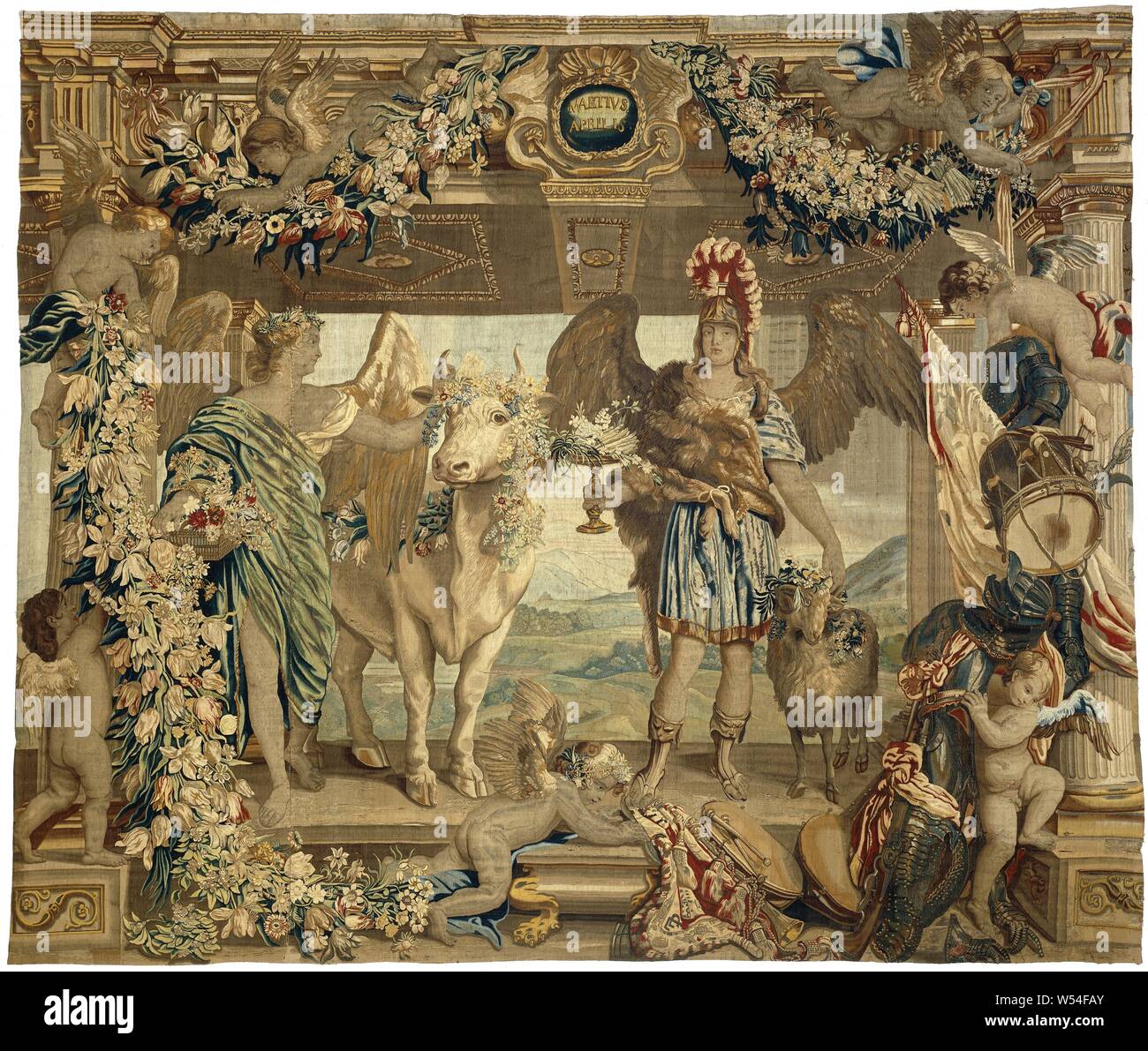 Marzo e Aprile, i mesi, stagioni, elementi di giorno e di notte (titolo serie), Arazzo con una rappresentazione allegorica del mese di marzo e di aprile, da una serie di dieci che rappresentano i mesi delle stagioni ed elementi, all'interno di un framework architettonico., Everaert Leyniers, c. 1650 - c. 1680, ketting, inslag, arazzi, h 367 cm × W 433 cm Foto Stock