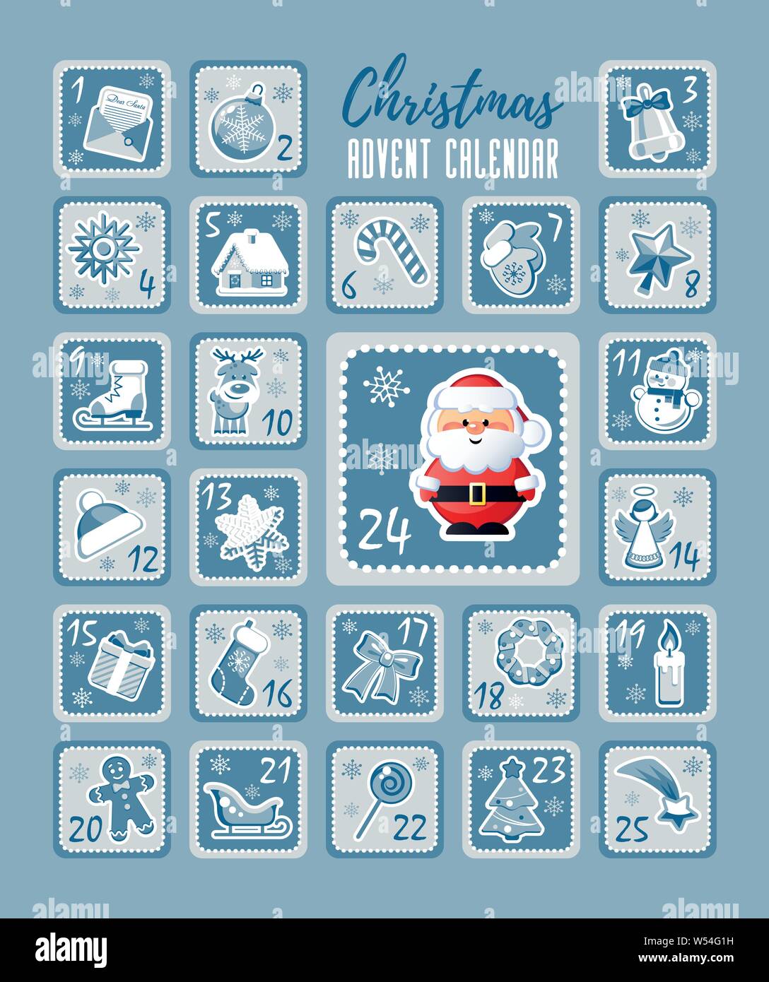 Conto alla rovescia di natale Calendario dell'Avvento con Natale icone decorative e carino Santa Claus. Illustrazione Vettoriale senza la trasparenza. Illustrazione Vettoriale