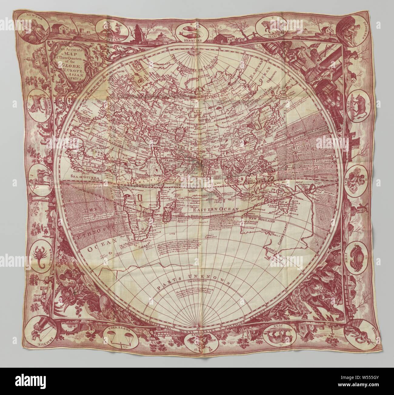 Panno di lino stampati con la mappa del mondo e i segni dello zodiaco e panno di lino stampati con la mappa del mondo e i segni dello zodiaco., Inghilterra, 1790 - 1800, biancheria (materiale), h 72.0 cm × W 68,0 cm Foto Stock