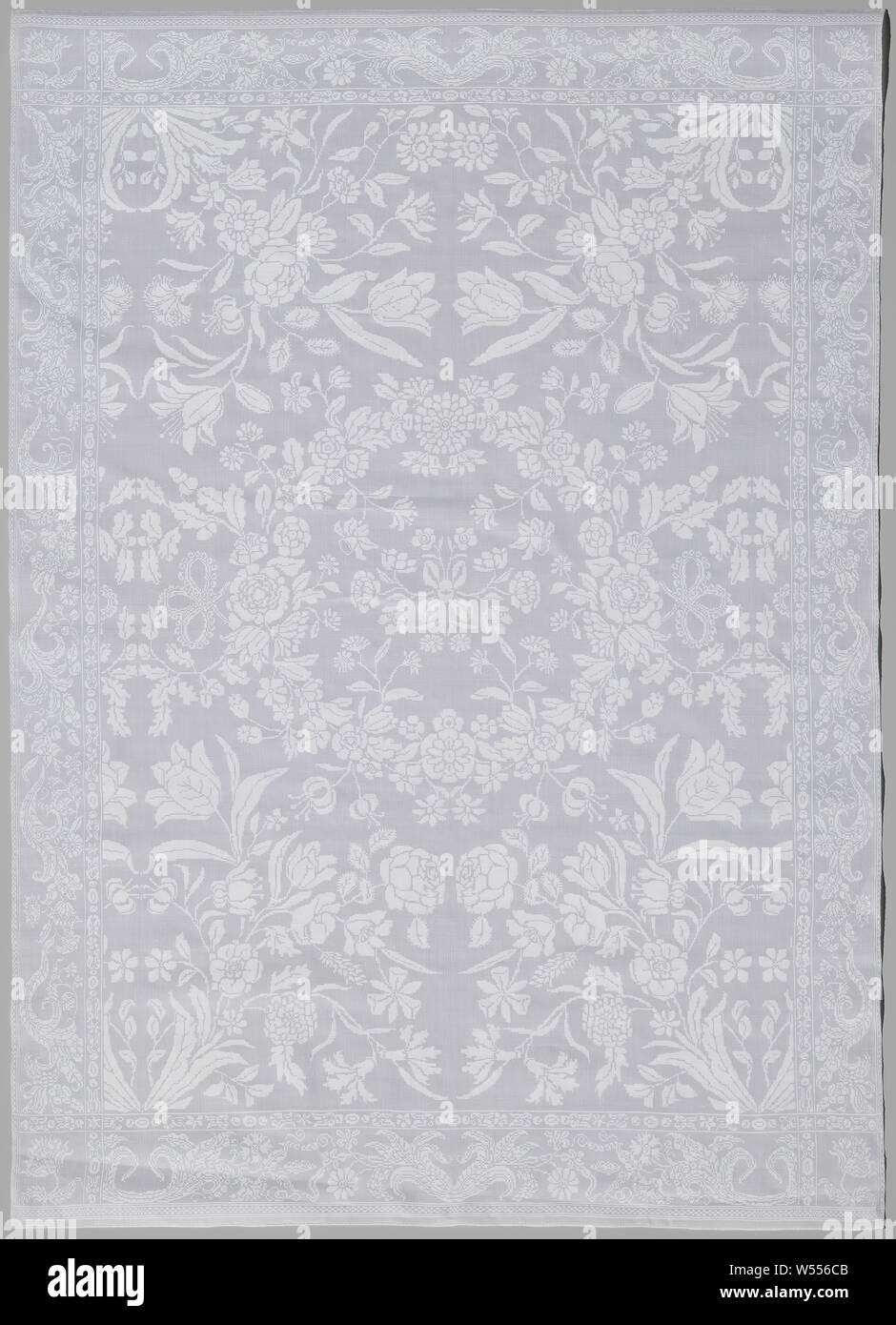 Biancheria da letto bianca damasco tovagliolo di lino bianco tovagliolo damascato con un pattern di corone floreali e sentori., Noord-Nederland (forse), 1680 - 1690, biancheria (materiale), damaschi, 1201/4 h cm × w 863/4 cm Foto Stock