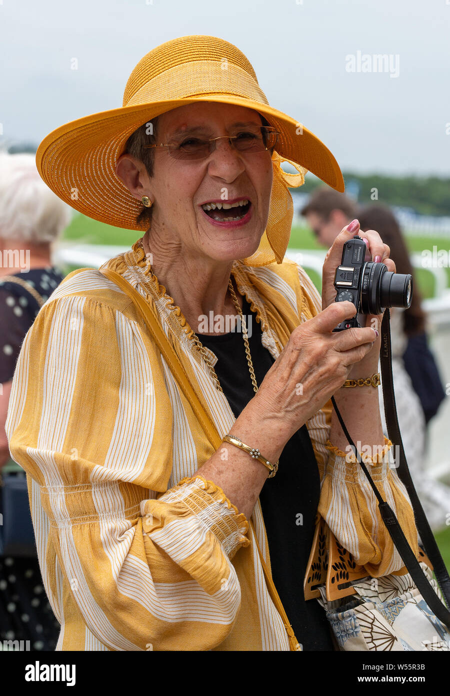 Ascot Racecourse, Ascot, Regno Unito. 26 Luglio, 2019. Una lady continua a raffreddare in un cappello giallo per il suo primo viaggio a Ascot al QIPCO King George racing weekend. Credito: Maureen McLean/Alamy Live News Foto Stock