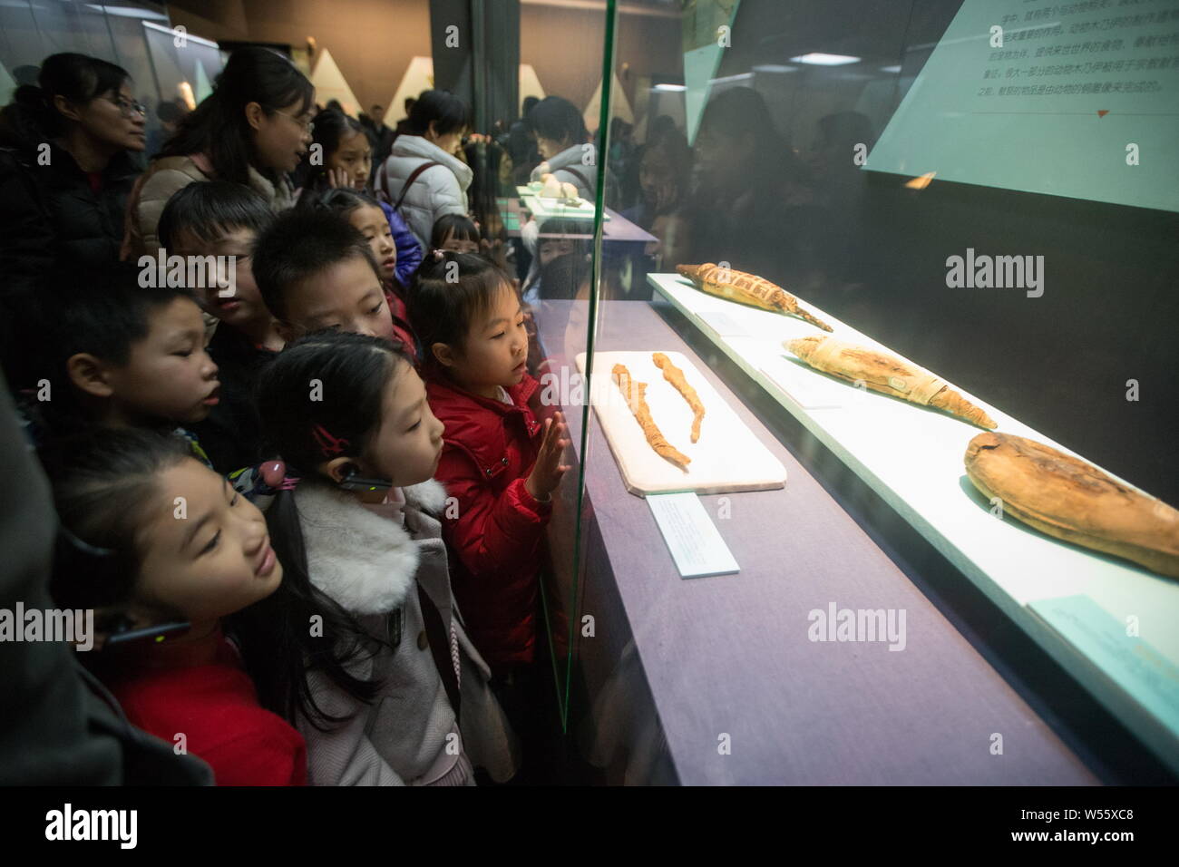 La gente di visitare una mostra di antiche civiltà egizia a Zhejiang West Lake Gallery di Hangzhou, a est della Cina di provincia dello Zhejiang, 23 Februar Foto Stock