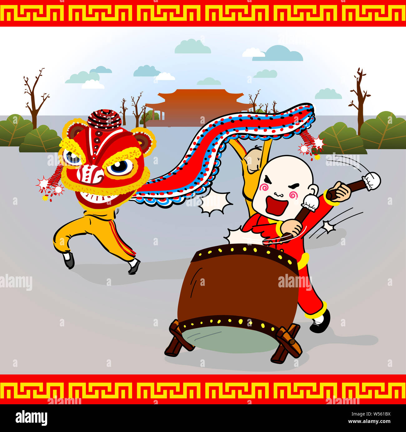 Anno Nuovo cinese la danza del leone e testa smiley suonare il tamburo Foto Stock