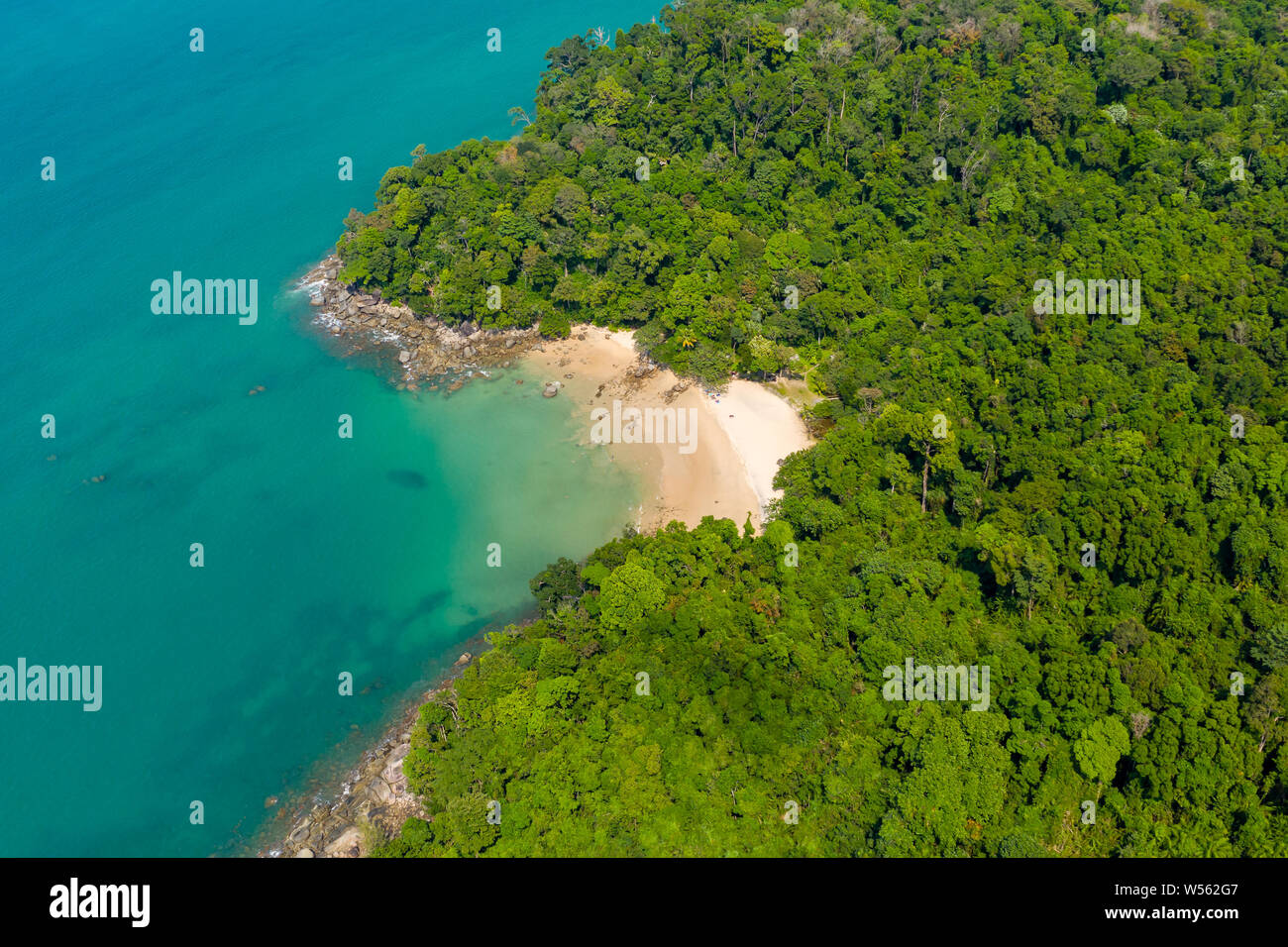Antenna fuco vista di una piccola e bella spiaggia di sabbia circondata da lussureggiante foresta sempreverde Foto Stock