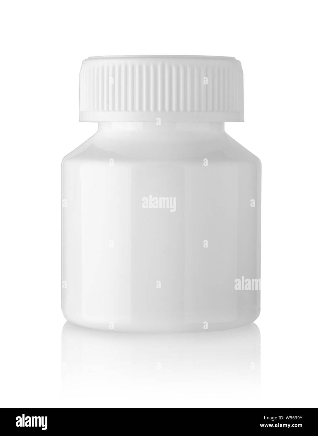 In plastica bianca medical contenitore per pillole isolato su bianco Foto Stock