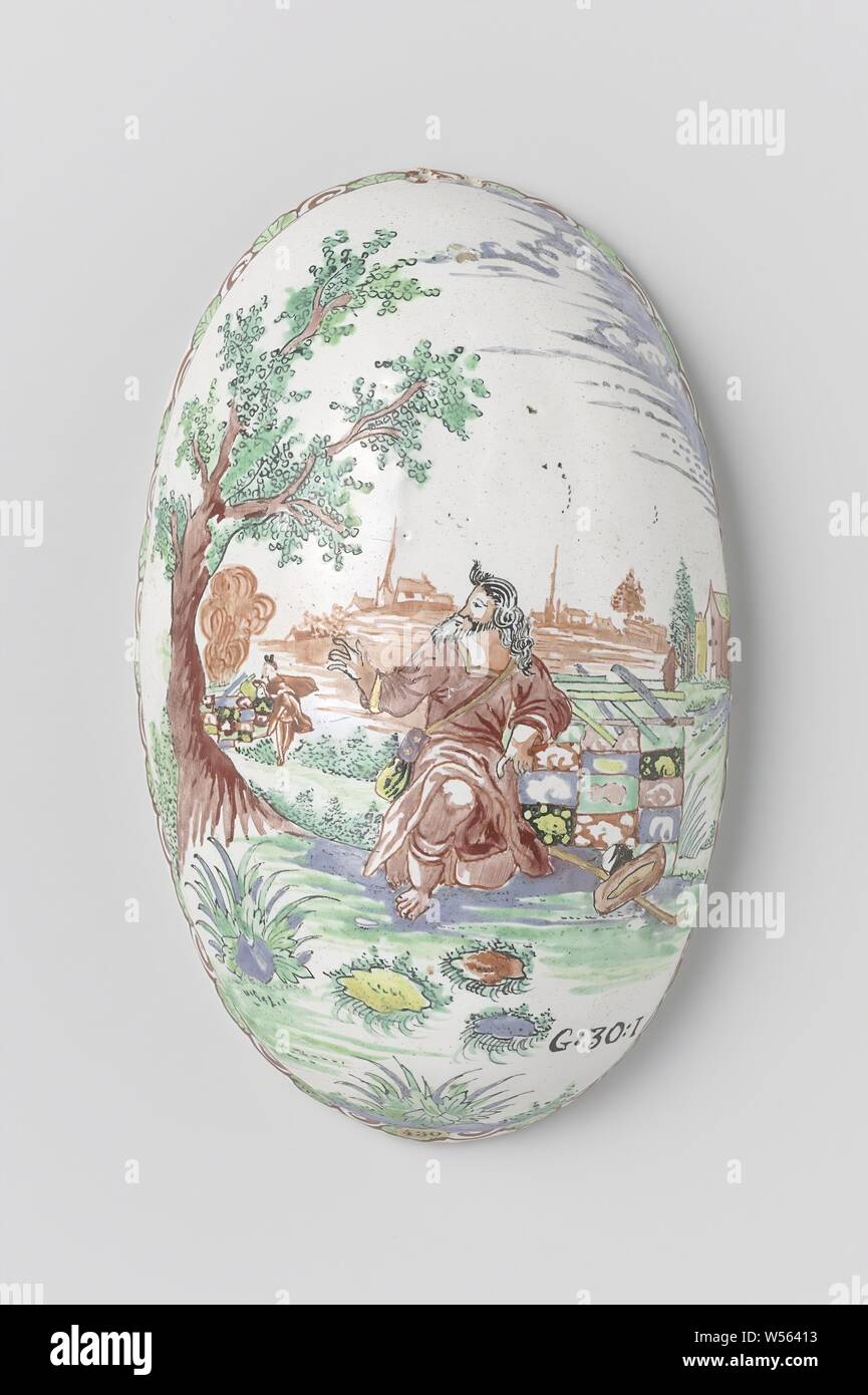 Spazzola a pennello torna indietro, spazzola ovale indietro multicolore dipinte con Mosè da un roveto ardente, altare, religione ebraica, scalzi, anonimo, Delft, c. 1730 - c. 1760, w 14 cm Foto Stock