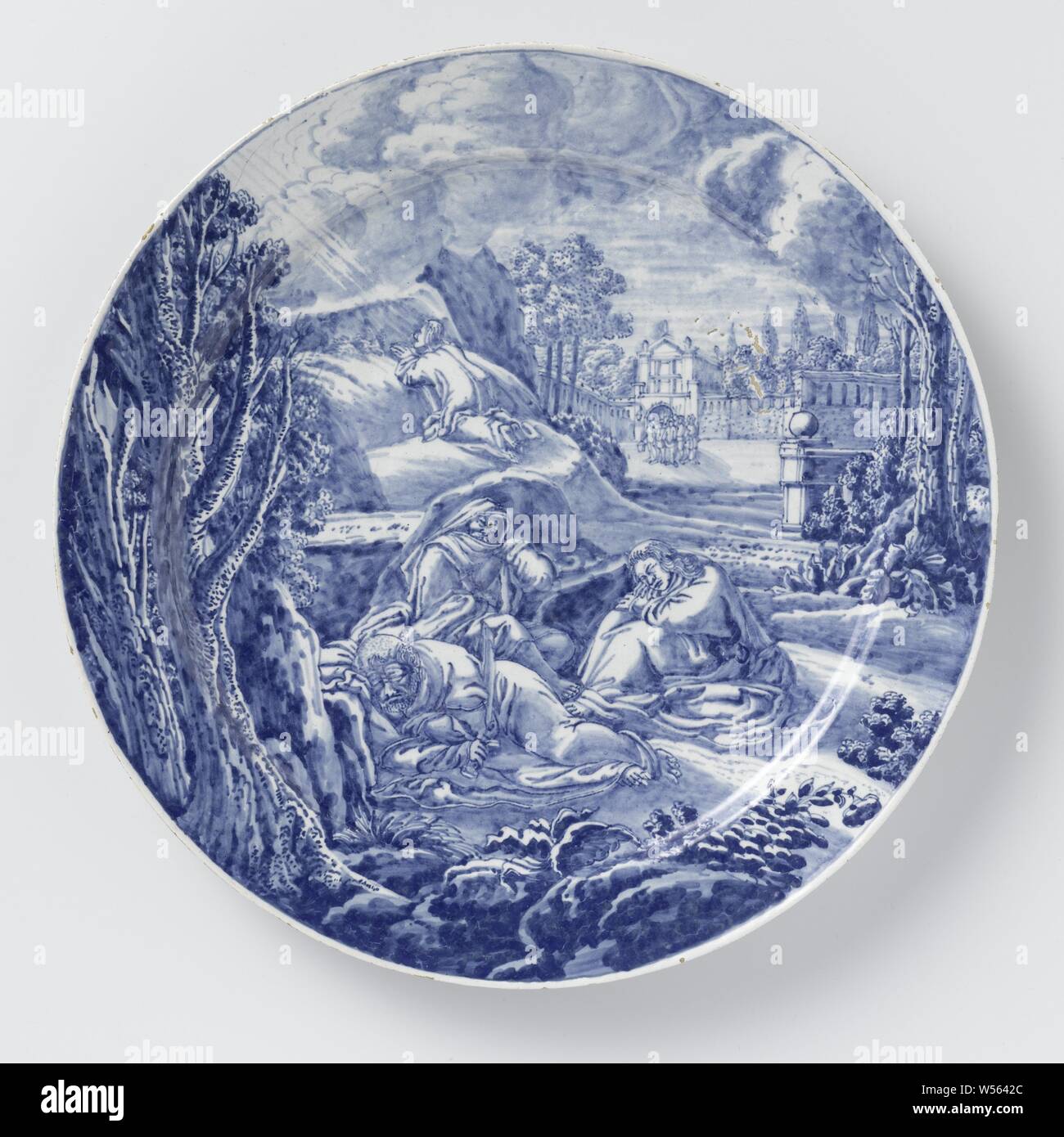 Piastra con Cristo sul monte degli Ulivi la piastra con la preghiera di Gesù sul monte degli Ulivi, piastra di faience con rappresentazioni della vita di Cristo dopo incisioni da Hendrick Goltzius., l'agonia di Cristo, tre (o) undici apostoli dormire, De Roos (attribuito a), Delft, c. 1700 - c. 1725, d 25,5 cm Foto Stock