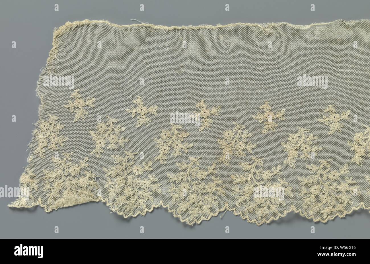 Lato macchina striscia con tre righe di rami ricamati con dimenticare-me-middlesbrough, color naturale macchina-strip: ricamo a macchina sulla macchina di tulle. Appena sopra la linea centrale del nastro il pattern inizia con tre righe ricamate di dimenticare-me-middlesbrough, che aumentano di dimensioni verso il basso. La riga superiore è costituita da una ripetizione di sempre uno dimentica-me-non tra quattro rami con sottolineato foglie ovali. La riga centrale è composto da rami lunghi e tre dimenticare-me-poveri. La fila lungo il lato inferiore della striscia consiste della più lunga e più larga di rami, con quattro fiori. Una dentellatura Foto Stock