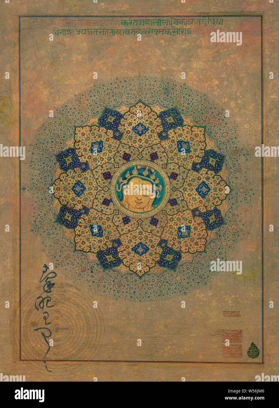 Antico mandala con il Buddha e sacro script. Foto Stock