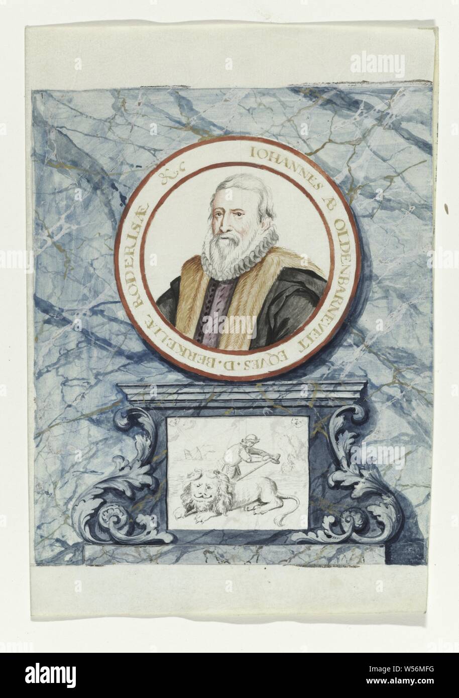 Ritratto di Van Oldenbarnevelt Regtspleging di Oldenbarnevelt (titolo serie), acquerello con il ritratto di Van Oldenbarnevelt entro la scritta 'IOHANNES AB OLDENBARNEVELT EQVES.D.BERKELIAE RODERISAE & c '. Posto su un altare in marmo, compresa una stampa di un uomo che batte un Lion. Associato con la serie di acquerelli in libro., anonimo, Olanda, 1708 - 1795, pergamena (materiale animale), acquerello (vernice), inchiostro e penna, h 23.5 cm × W 19 cm Foto Stock