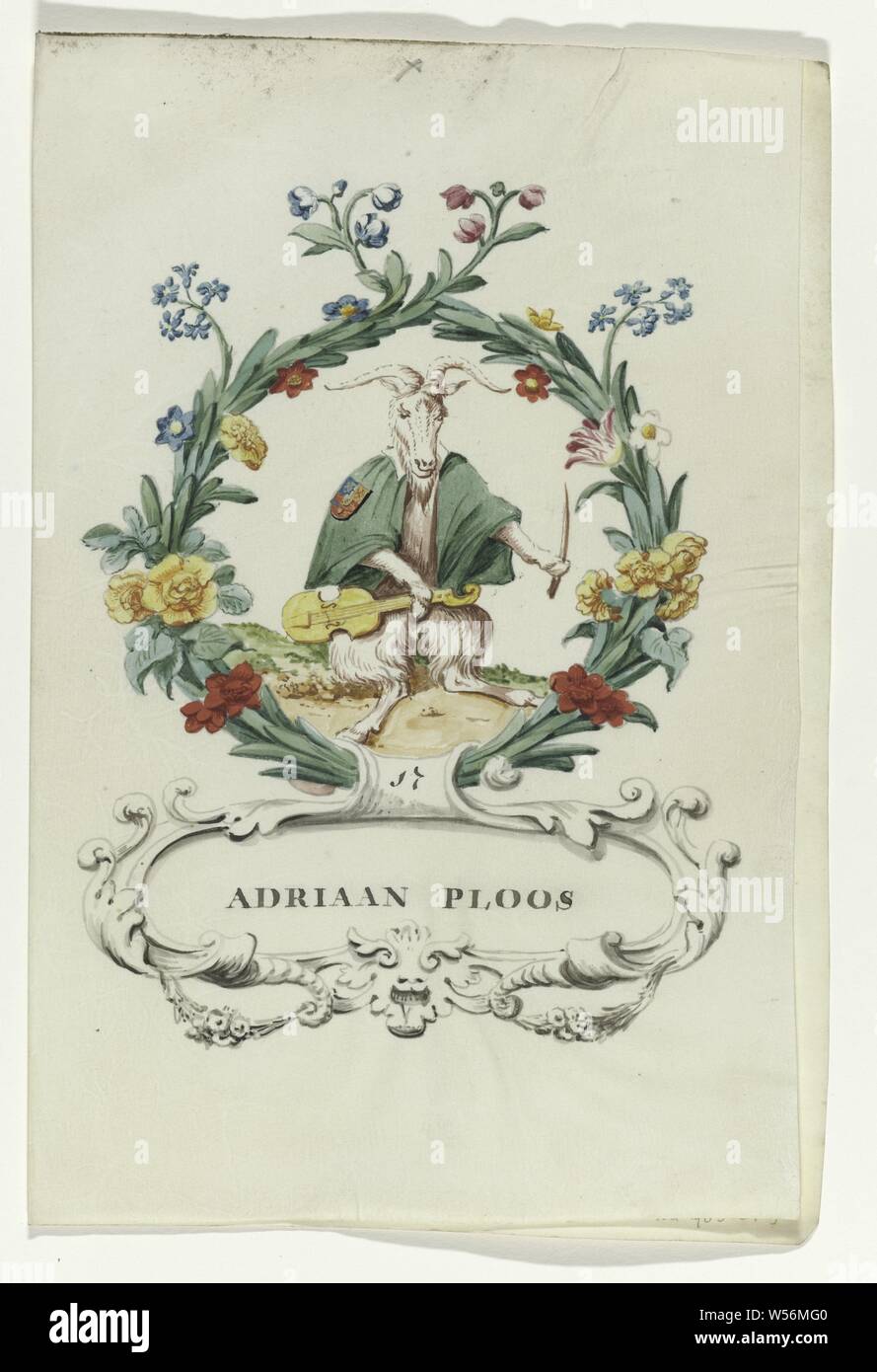 Cartone animato da Adriaan Ploos Regtspleging da Oldenbarnevelt (titolo serie), Cartoon da Adriaan Ploos, giudice da Van Oldenbarnevelt, seduta capra con violino e mantello, sul quale un'arma, in una ghirlanda di fiori e foglie. Di seguito che è cartiglio in cui nome e al di sopra di n. 17. Associato con la serie di acquerelli a libro, Johan van Oldenbarnevelt, Adriaan Ploos, anonimo, Olanda, 1708 - 1795, pergamena (materiale animale), acquerello (vernice), inchiostro e penna, h 23.5 cm × W 19 cm Foto Stock