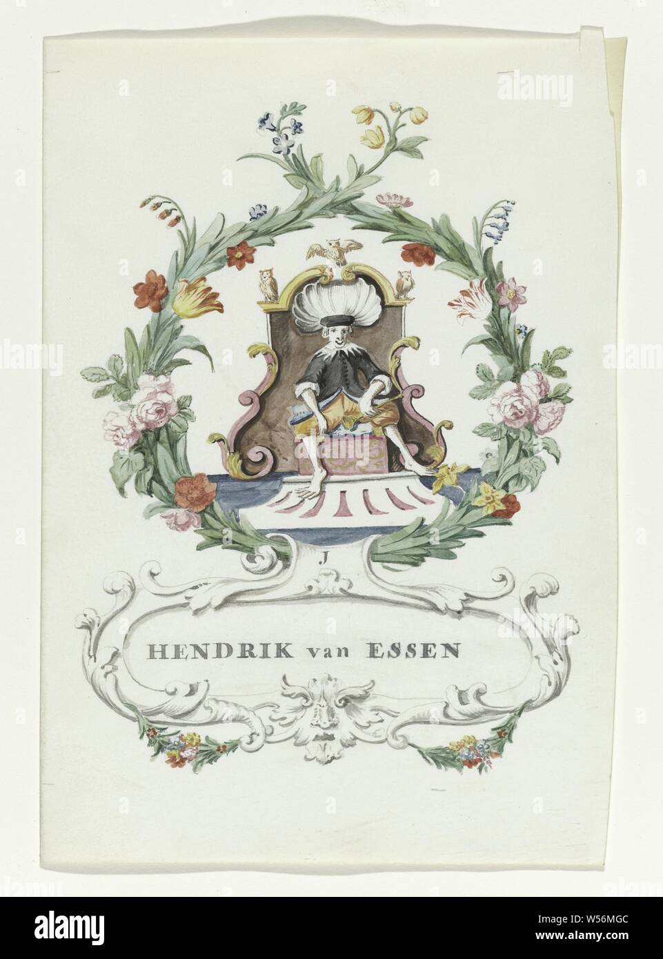 Cartoon di Hendrik van Regeling Essen di Oldenbarnevelt (titolo serie), Cartoon di Hendrik van Essen, giudice di Van Oldenbarnevelt. Monkey sul trono con 3 gufi e con tromba in ghirlanda di fiori e foglie. Al di sotto di questo è il cartiglio in cui nome e superiore è il numero 1. Associato con una serie di acquerelli in un libro, Johan van Oldenbarnevelt, Hendrik van Essen, anonimo, Olanda, 1708 - 1795, pergamena (materiale animale), acquerello (vernice), inchiostro e penna, h 23.5 cm × W 19 cm Foto Stock