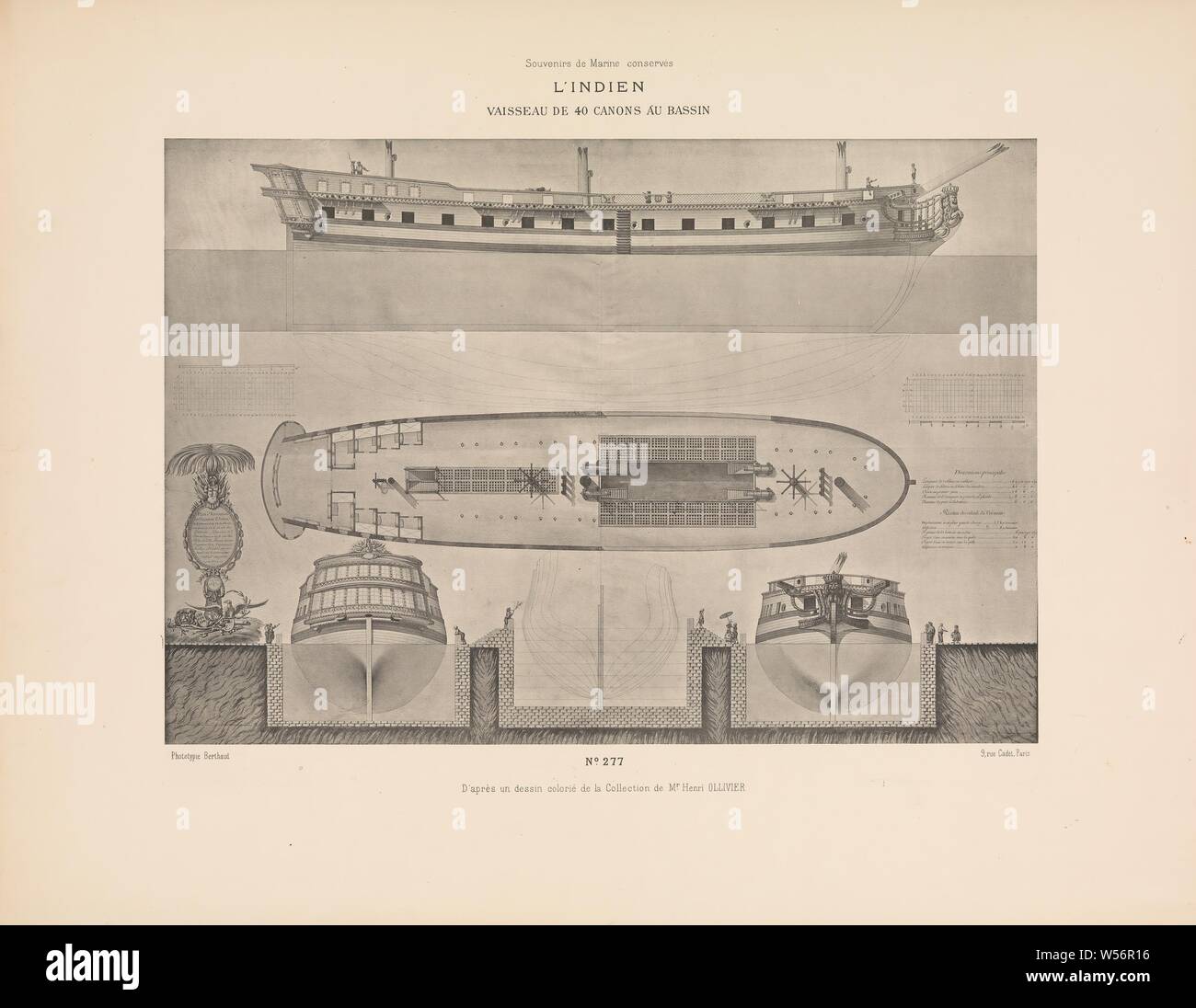 L'Indien (titolo in oggetto) Souvenirs de Marine conservés: raccolta di piani o progetti di marine o existants disparus ... (Titolo serie), sei diverse viste della nave 'L'Indien 'con 40 canonici, costruito ad Amsterdam nel 1778-1779. Per un disegno a colori. La piastra 277 da 'Souvenirs de Marine conservés ...", Berthaud Frères (menzionato in oggetto), Parigi, 1892, carta, inchiostro, fotolitografia, h 442 mm × W 566 mm Foto Stock