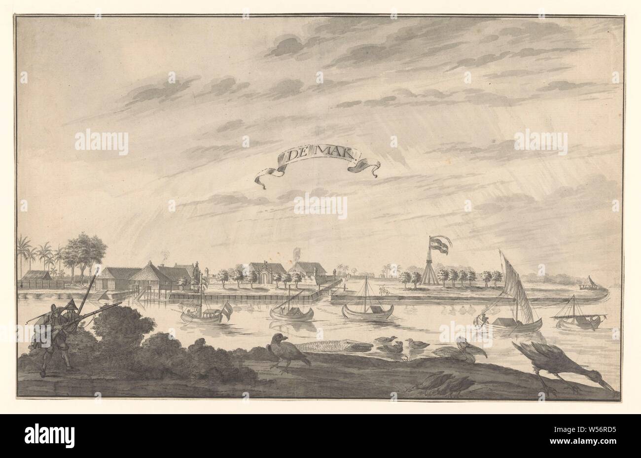 Vista di Demak, De Mak (titolo in oggetto), vista della fabbrica di VOC in Demak su Java. Un fiume su cui cinque barche, la più a sinistra con bandiera olandese. In altri edifici della banca con una bandiera olandese e alberi in un paesaggio piatto. A sinistra in primo piano due soldati con pistole, sulla destra gli uccelli esotici e un coccodrillo, paesaggi nelle regioni tropicali e subtropicali, Java, Demak, olandese East India Company, A. de Nelly (eventualmente), 1762 - 1783, carta, inchiostro, spazzola, h 302 mm × W 473 mm Foto Stock