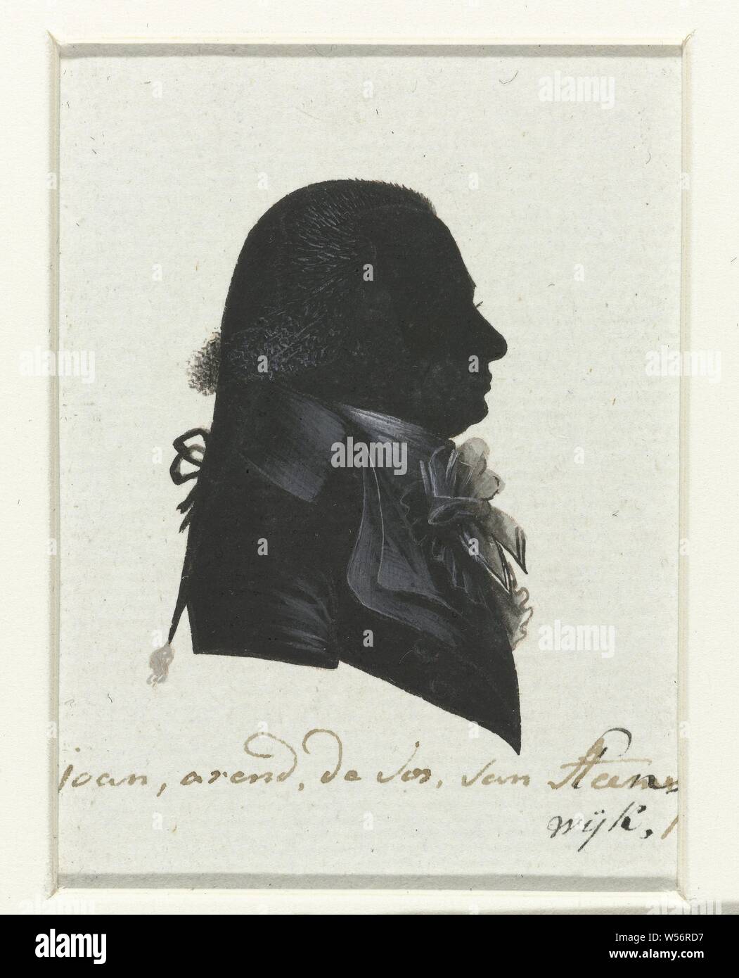 Joan Arend de Vos van Steenwijk, rappresentanti della prima Assemblea nazionale della Repubblica Batavian ( titolo serie), la silhouette di un busto di profilo a destra. Parrucca di coda e jabot. Iscrizione, o .: Joan Arend de Vos da Steenwijk, l'Aia, Joan Arend barone de Vos da Steenwijk, Assemblea nazionale, Batavian Repubblica, Hausdorff (eventualmente), Paesi Bassi, 1796, carta, India inchiostro (inchiostro), disegno, h 8,6 cm × w 6,2 cm Foto Stock