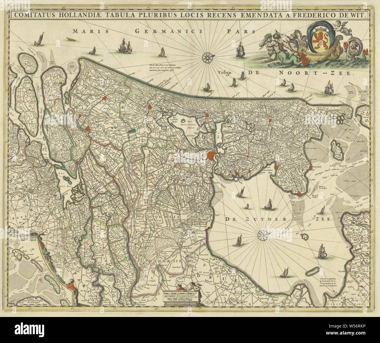 Mappa della contea di Olanda, Comitatus Hollandiae tabula pluribus locis recens emendata (titolo in oggetto), mappa della contea di Olanda su una scala di 1: 300 000, a nord sulla destra. Sopra a destra l'arma di Olanda su una barca tirata da creature del mare. In basso a sinistra di una distribuzione con le isole Wadden Texel, Vlieland, Terschelling e parte di Ameland, mappe di distinti paesi o regioni, Olanda, Noord-Holland, Zuid-Holland, Frederik de Wit (menzionato in oggetto), c. 1670, carta, incisione h 463 mm × W 563 mm Foto Stock