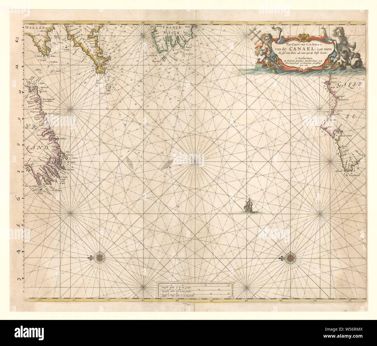 Diagramma di mare della parte occidentale del Canale, Pas Caert van 't proveniente dall'Canael, come fare queste saloni quando proveniente da ovest (titolo in oggetto), mappa del mare di come approcciare il canale proveniente dall'Occidente. Due compass rose in mare del Nord è sulla sinistra. In alto a destra un cartiglio con il titolo. Il cartiglio decorato con creature del mare, il dio del mare sulla sinistra ha un bastone di Giacobbe. Nella parte inferiore tre bastoncini di scala con il tedesco, spagnolo e inglese o francese miglia. Sul bordo sinistro della mappa, una nuova misurazione viene applicato a mano con inchiostro, bastone di Giacobbe (Strumento topografico Foto Stock